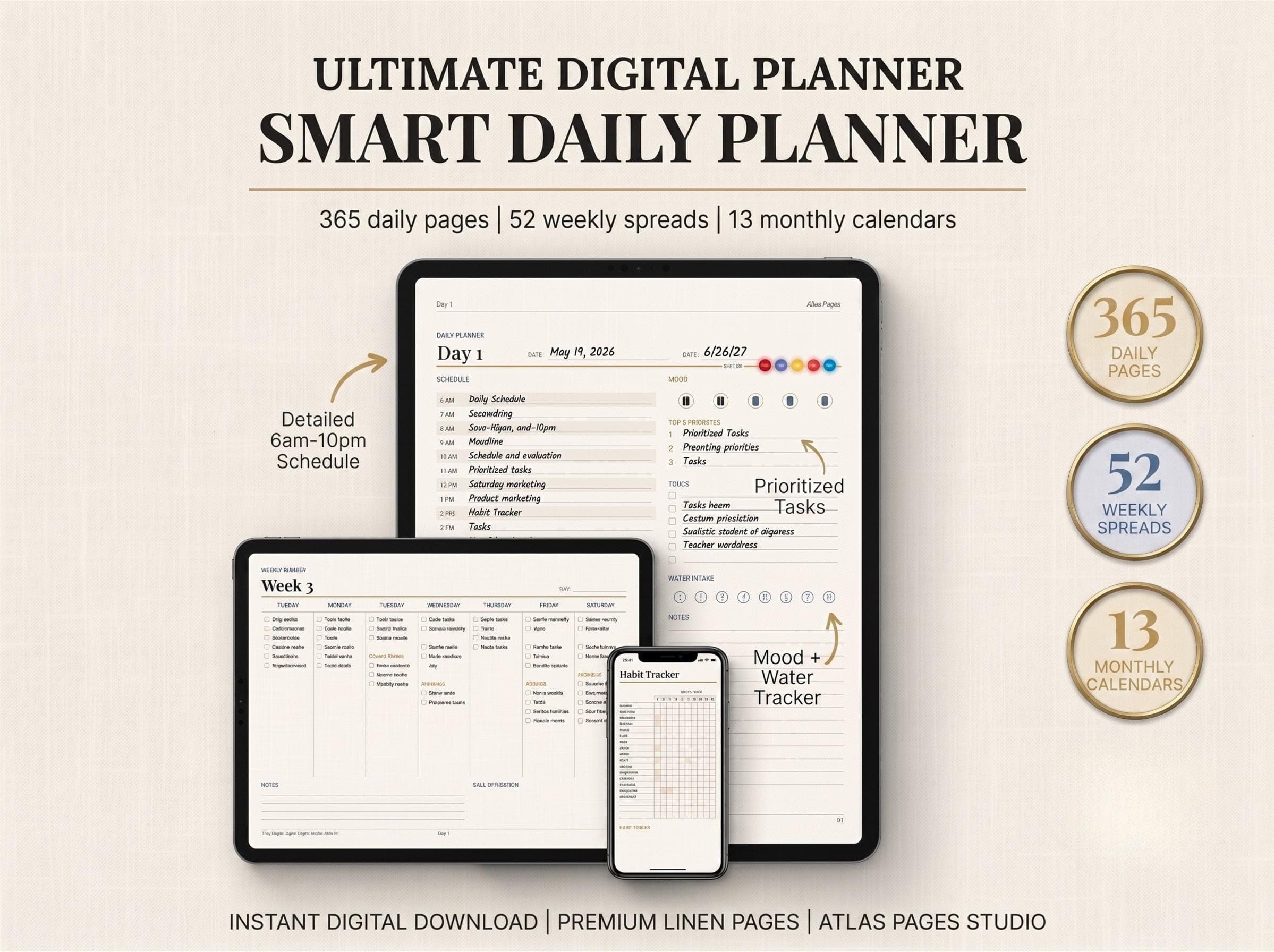 Smart Daily Planner Digital: Undated Hourly Schedule, Hyperlinked Pages (Digital Download) - Image 2