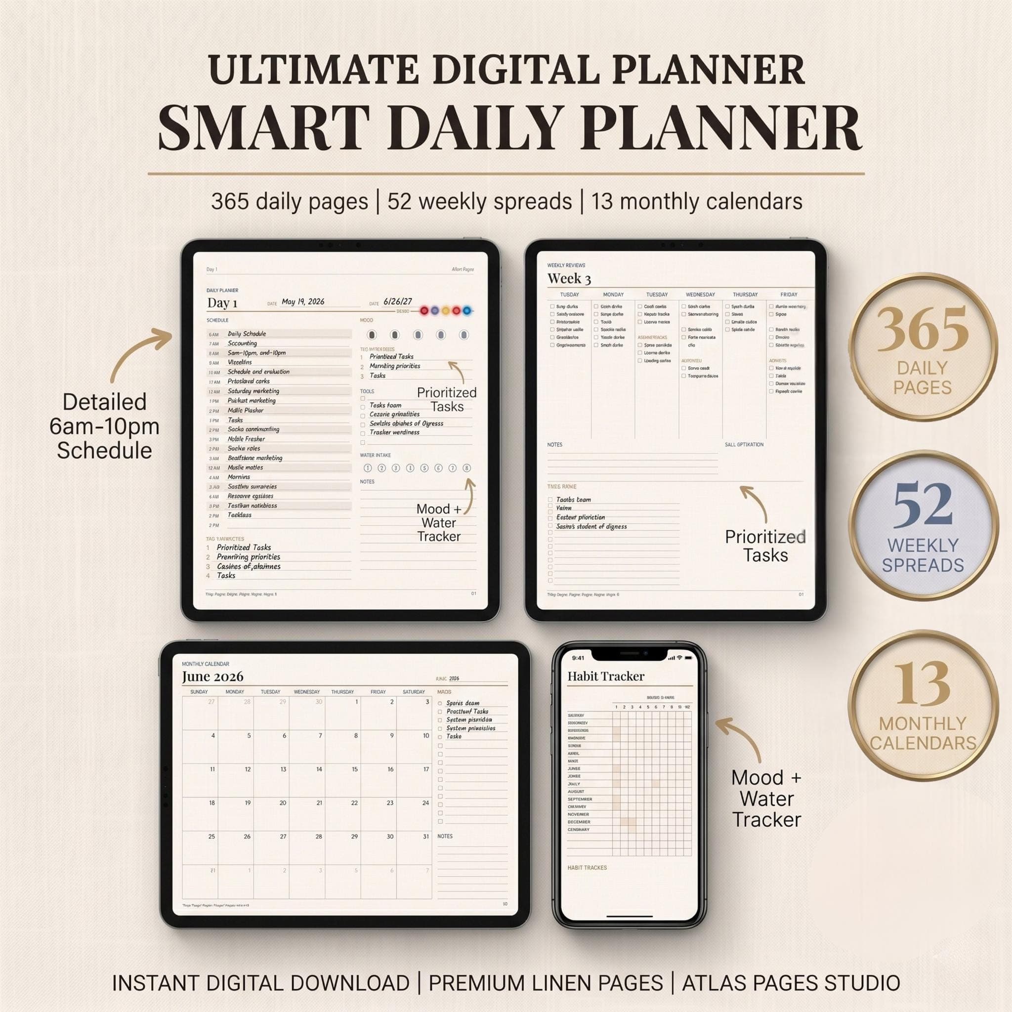 Smart Daily Planner Digital: Undated Hourly Schedule, Hyperlinked Pages (Digital Download) - Image 1