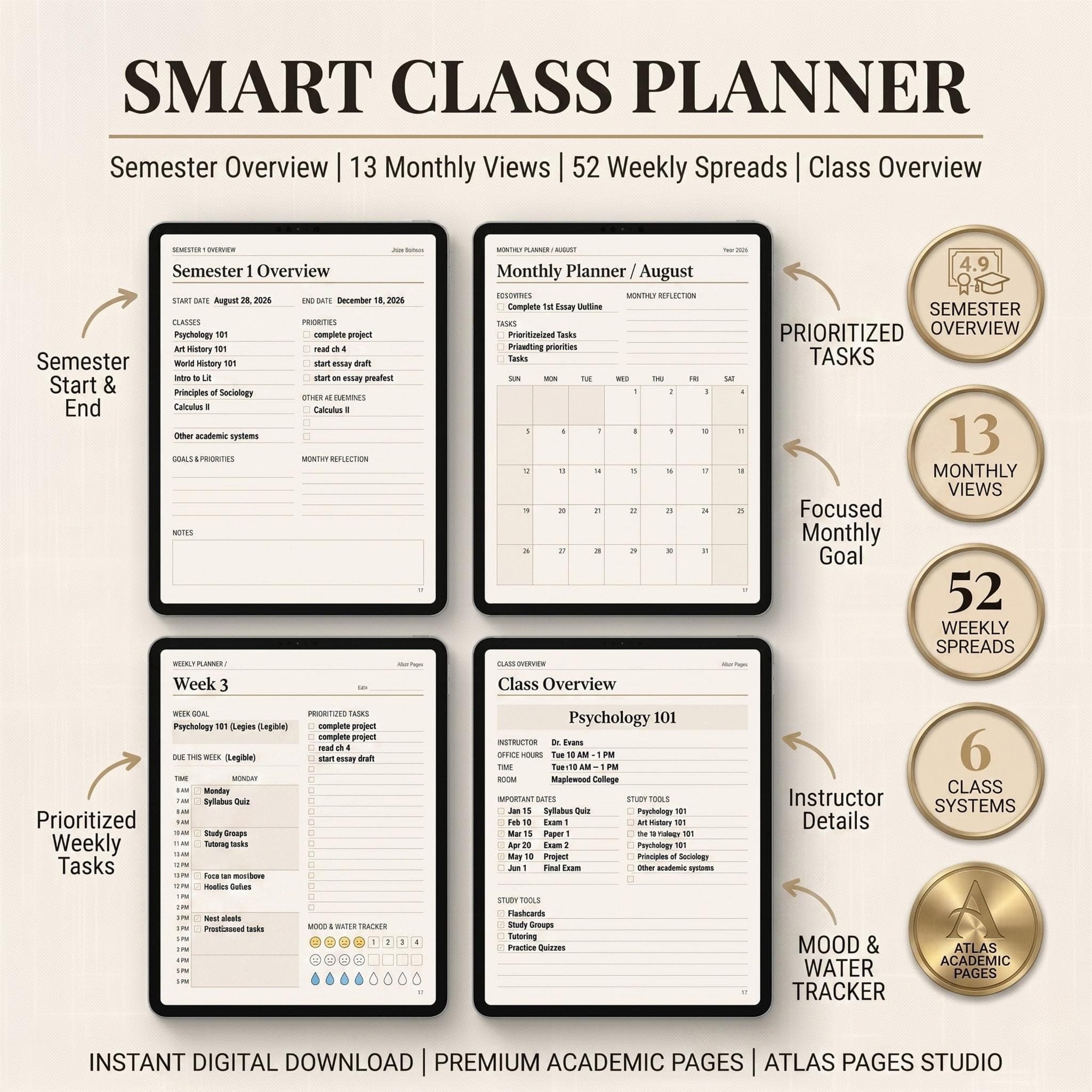 Smart Class Planner 2026-27 GoodNotes Digital Planner Cornell Notes iPad Template Fully Hyperlinked - Image 1